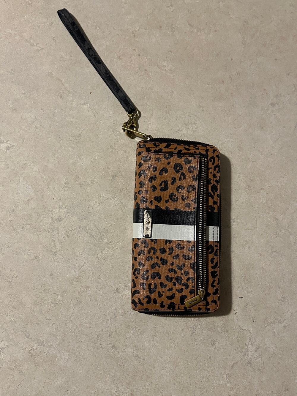 Fossil Logan RFID Zip Around Clutch Wallet Leopard Print Racing Stripe Wristlet